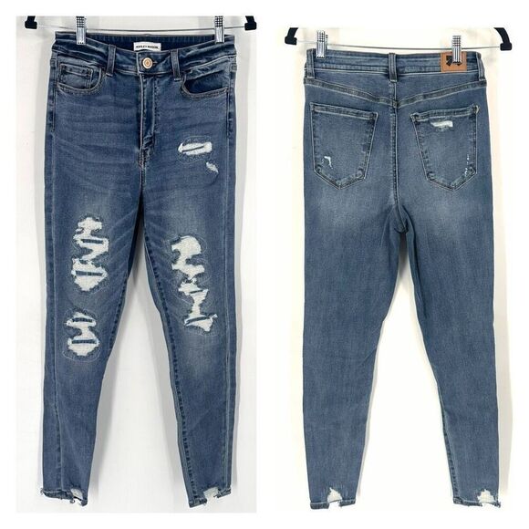 Ashley Mason Denim - Ashley Mason Womens Distressed Skinny Leg Jeans Medium Blue Denim Patches Size 9
